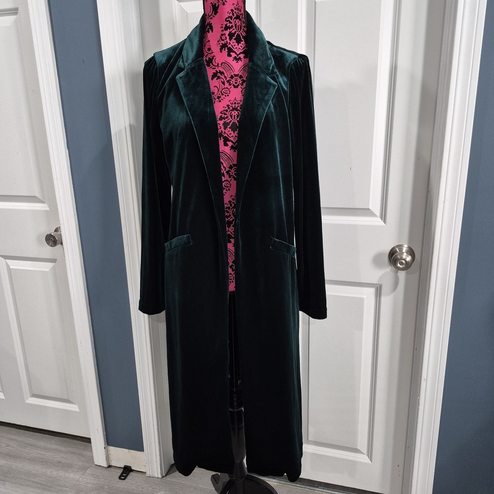 Skies Are Blue Velvet Duster Jacket Size Large Emerald Green Long Blazer Holiday - Picture 2 of 13
